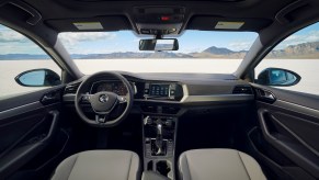 The gray interior of a 2021 Volkswagen Jetta compact sedan