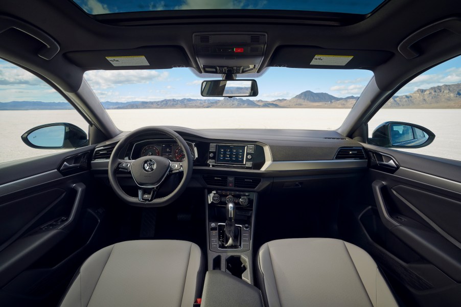 The gray interior of a 2021 Volkswagen Jetta compact sedan