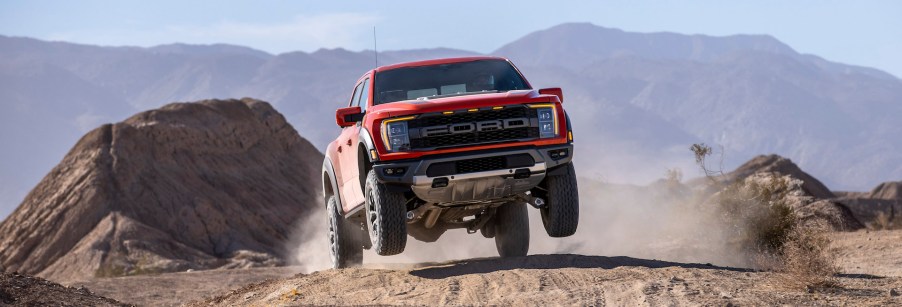 An image of the 2021 Ford F-150 Raptor in the desert.