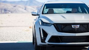 The front view of a white 2022 Cadillac CT5-V Blackwing in the desert