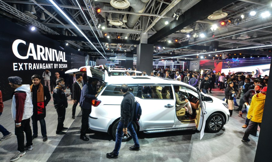 The new 2022 Kia Carnival on display at Auto Expo 2020