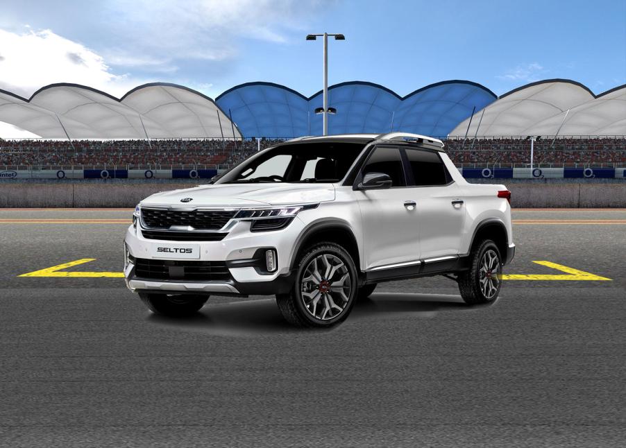 rendering of the Kia pickup truck in a parking lot