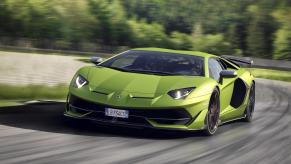 An image of a Lamborghini Aventador SVJ on track.