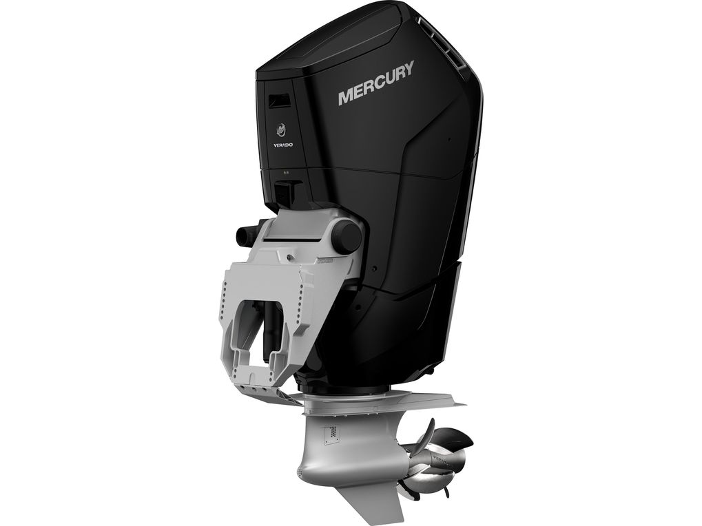 a press photo of a black V12 Verado outboard motor against a white backdrop