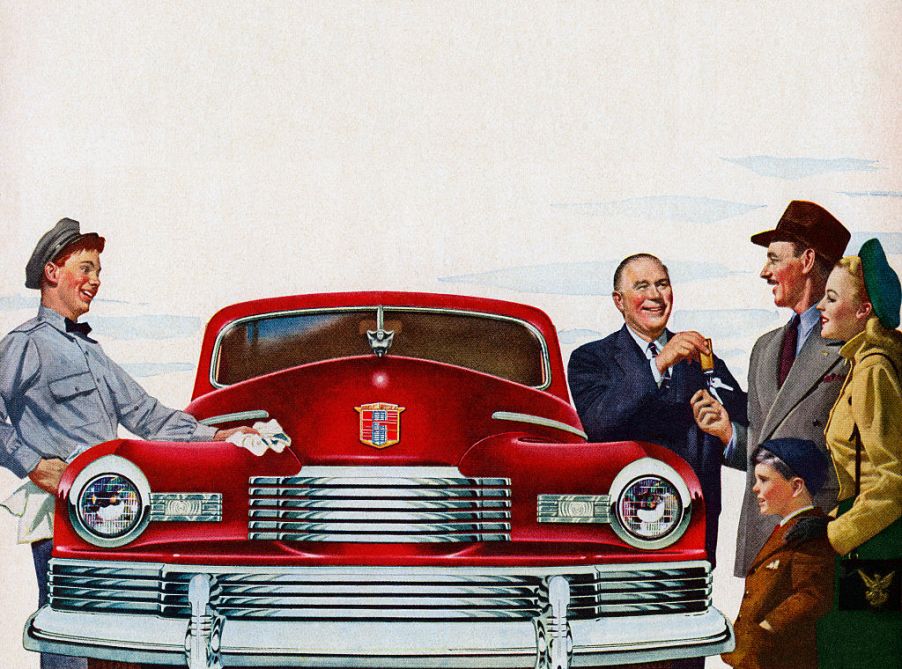 Nash illustration of salesman handing keys over to new owner