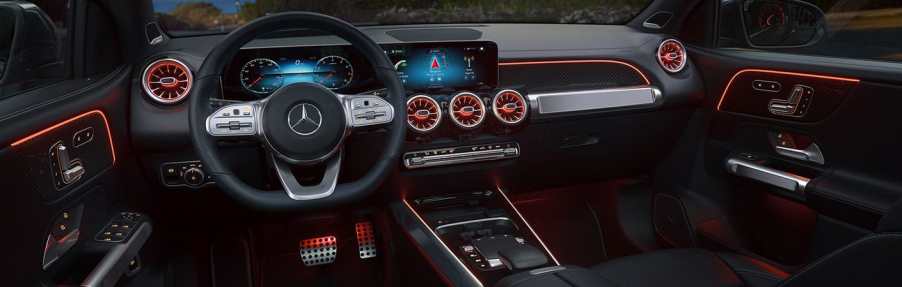 dash display of the 2021 GLB250 illuminated in red