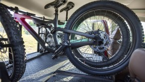 A Ford Bronco Sport's interior bike rack with two bicycles on it