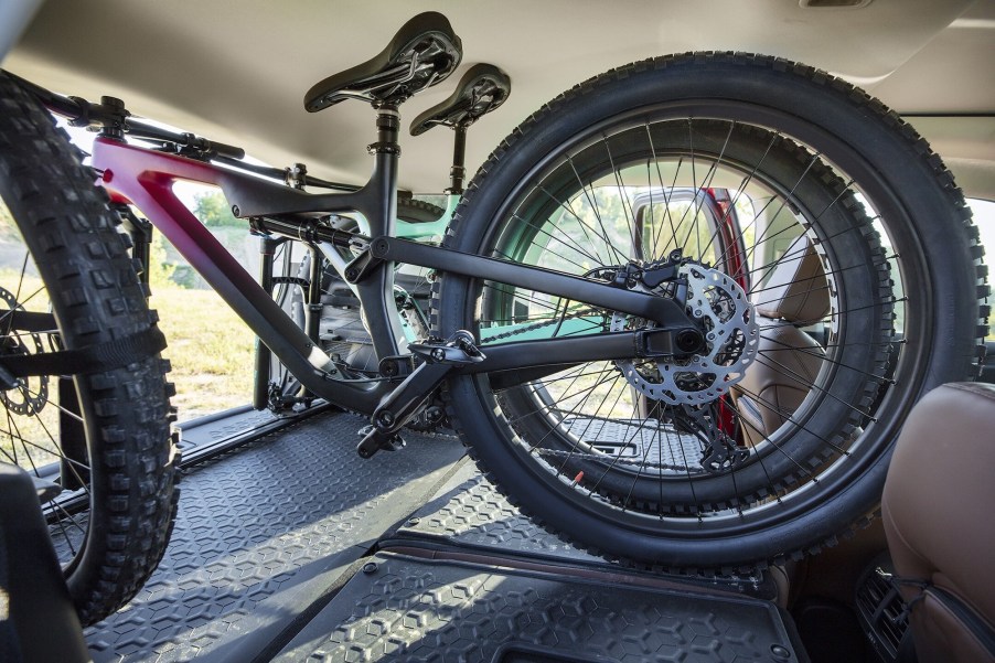 A Ford Bronco Sport's interior bike rack with two bicycles on it