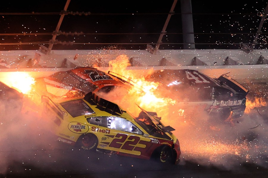 An image of a massive crash happening at the Daytona 500 NASCAR race.