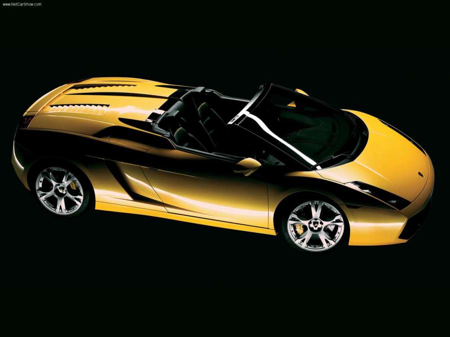 An image of a yellow Lamborghini Gallardo in a studio.