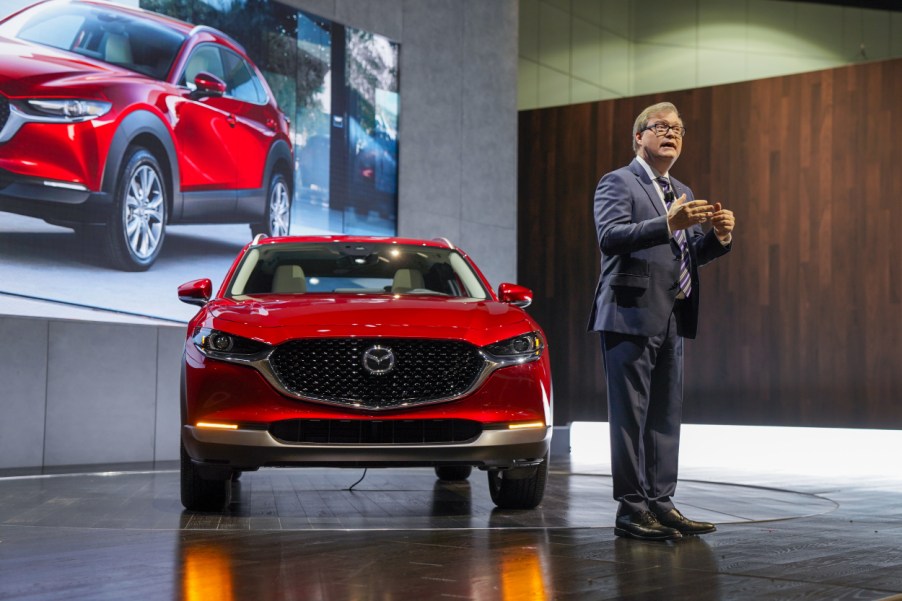 The Mazda CX-30 on display during a presentation