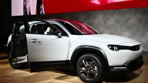 A white Mazda MX-30 electric SUV at the Tokyo Motor Show in Tokyo on October 25, 2019.