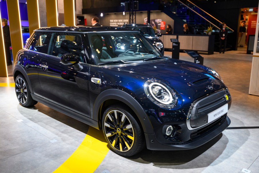 MINI Electric or Mini Cooper SE compact all electric retro design car on display at Brussels Expo