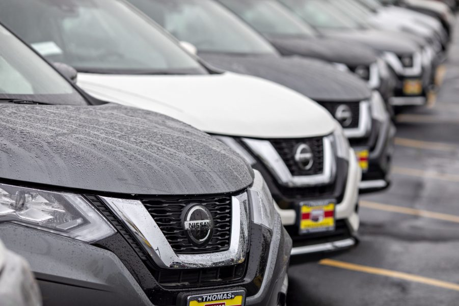 Nissan Rogue SUVs on display at a dealership