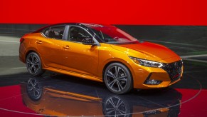 A Nissan Sentra on display at an auto show