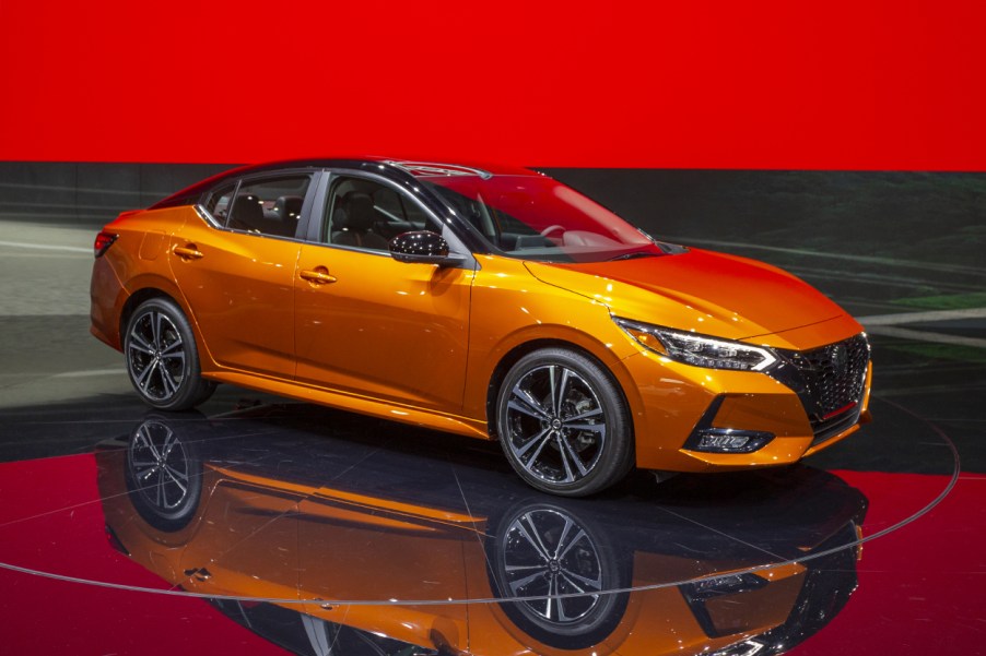 A Nissan Sentra on display at an auto show