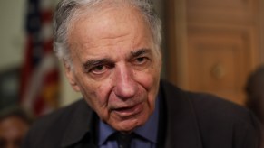 Consumer advocate Ralph Nader speaks to members of the media outside a House Transportation and Infrastructure Committee hearing on October 30, 2019, on Capitol Hill in Washington, D.C.