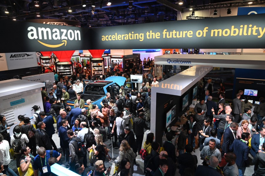 A Rivian truck at the Amazon booth at a consumer electronics show