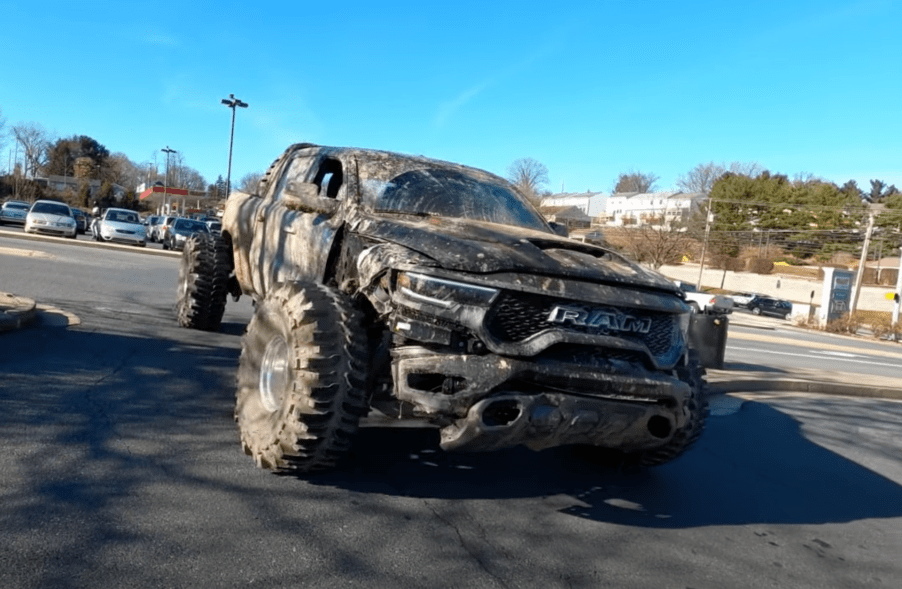 An image of a broke 2021 Ram 1500 TRX entering a drive-thru.