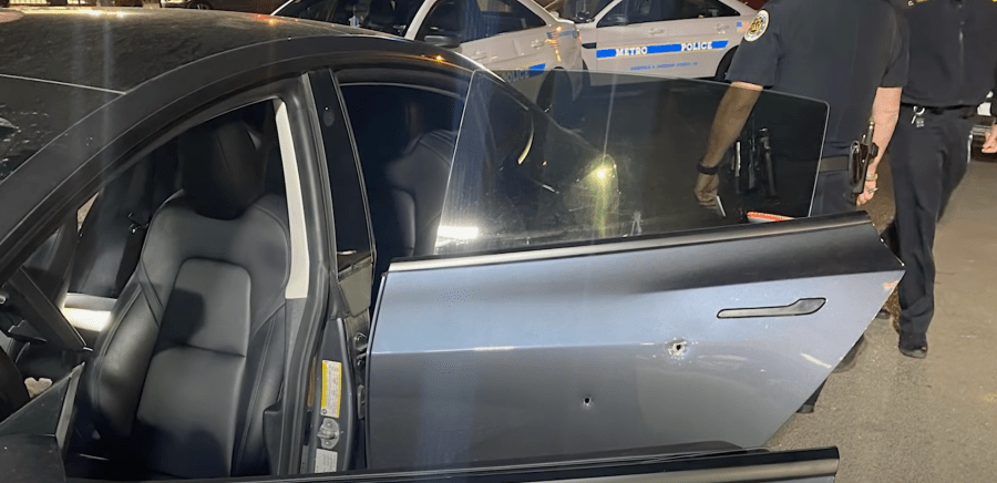 An image of a Tesla Model 3's door showing bullet holes.