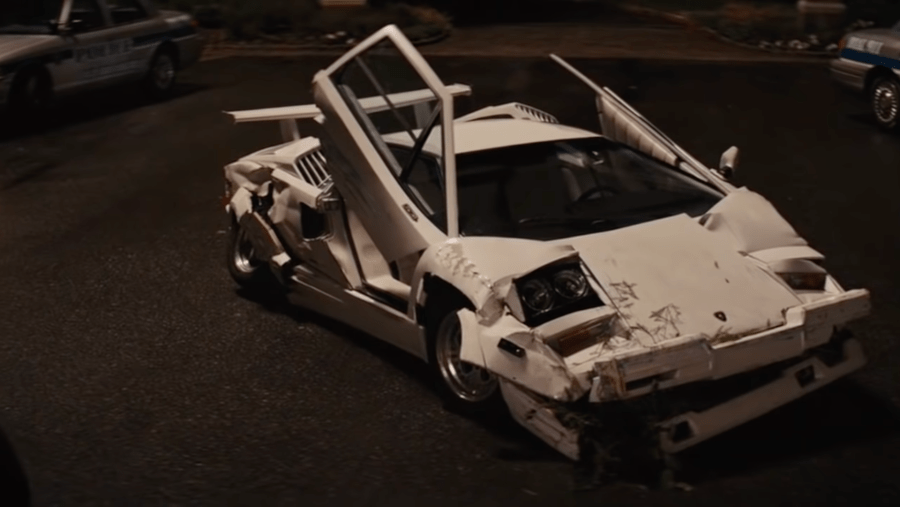 An image of the Lamborghini Countach destroyed for the Wolf of Wall Street movie.