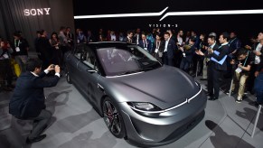 The Sony Vision-S, an all-electric concept vehicle, is displayed at the Sony booth during CES 2020 at the Las Vegas Convention Center on January 7, 2020, in Las Vegas, Nevada.