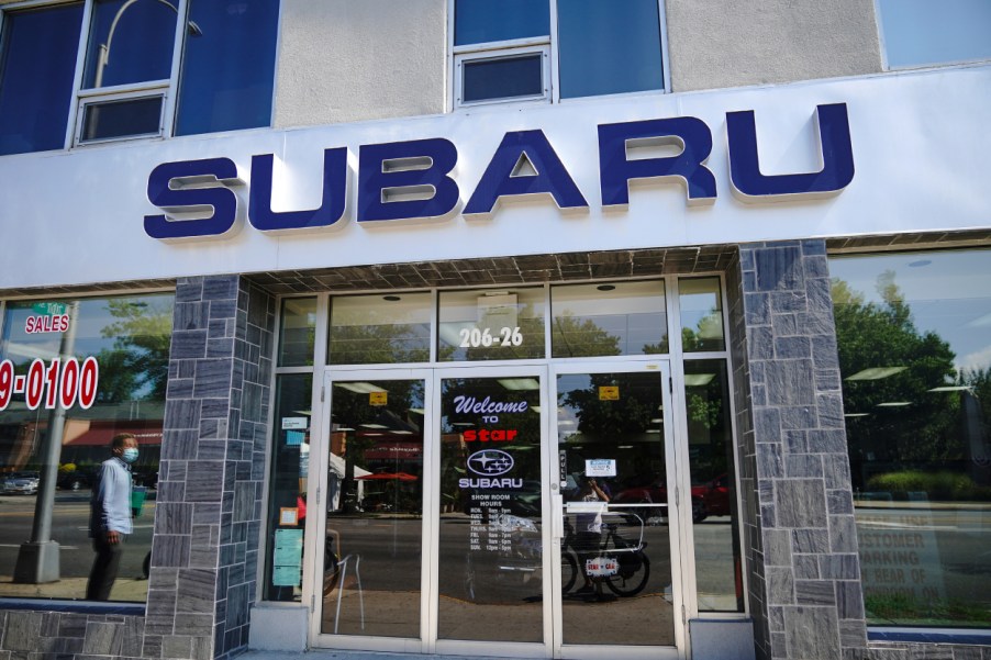 The entrance to a Subaru car dealership