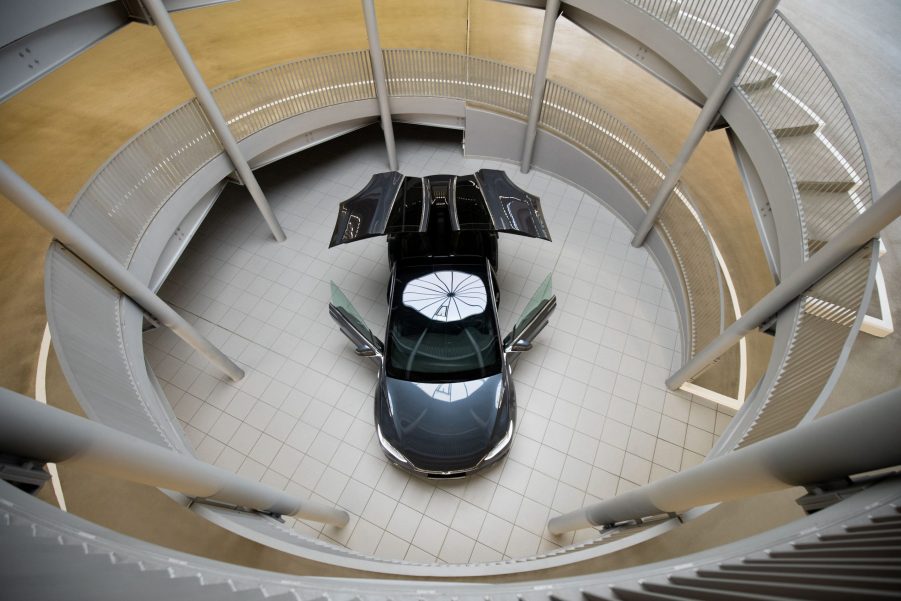 A Tesla Model X is on display in the new Tesla Service Center.