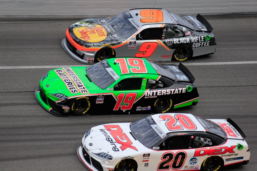 Harrison Burton, Joe Gibbs Racing, Toyota Supra (20); Brandon Jones, Joe Gibbs Racing, Toyota Supra Toyota (19); and Noah Gragson, JR Motorsports, Chevrolet Camaro (9) during the 39th-annual NASCAR Racing Experience 300 on February 15, 2020, at Daytona International Speedway in Daytona Beach, Florida