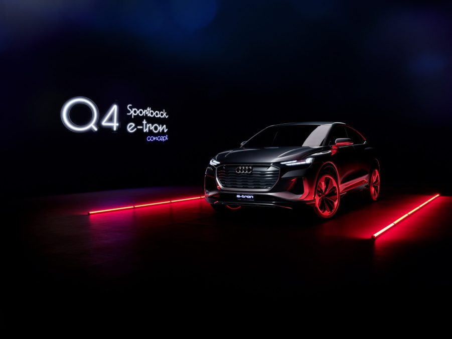 A low-light image previewing the Audi Q4 Sportback e-tron concept in Kinetic grey