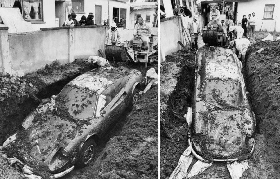 An image of a Ferrari Dino getting dug out of a hole in LA.