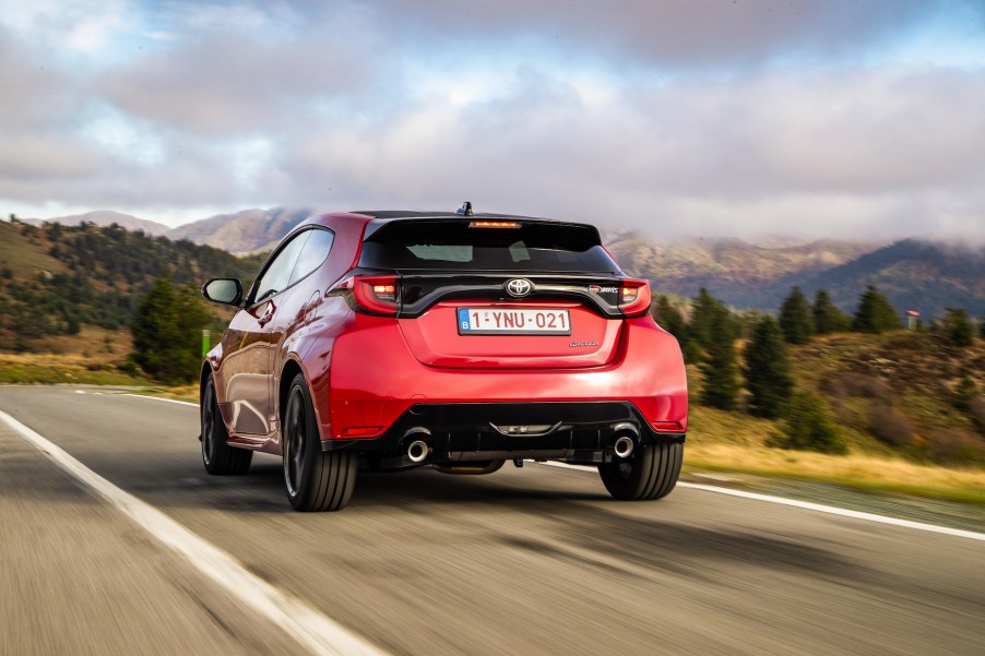 An image of a red Toyota GR Yaris out on the road.