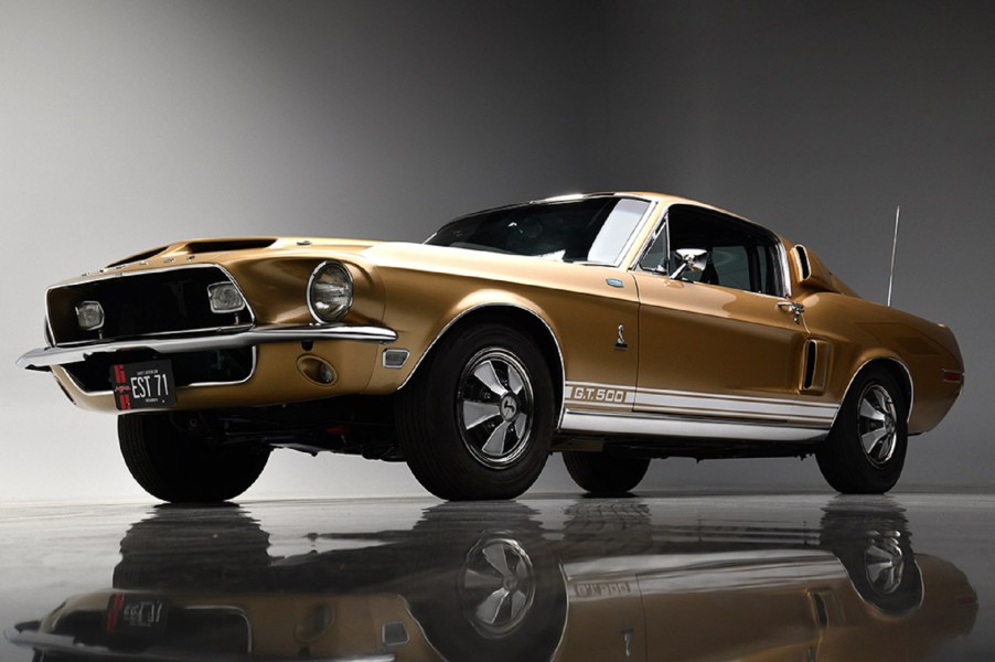 A low-angle shot of the gold-and-white 1968 Shelby GT500 Mustang EFI prototype