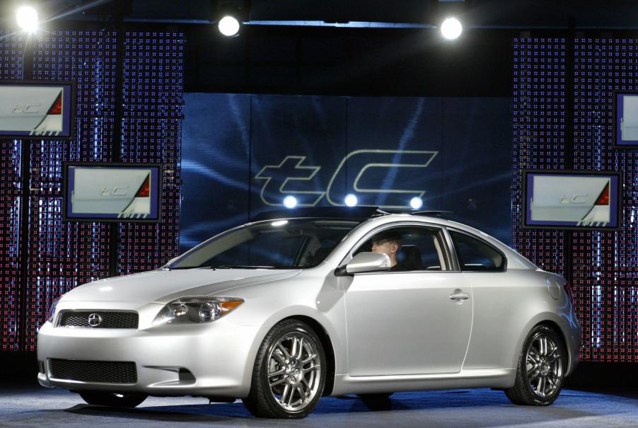 A silver 2005 Scion tC on display