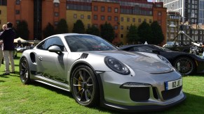 A silver 2016 Porsche 911 GT3 RS luxury sports car on display outside during the London Concours at Honourable Artillery Company on August 20, 2020, in London, England.