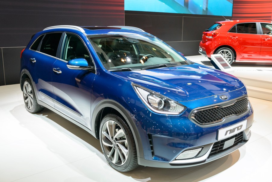 A blue 2017 Kia Niro hybrid crossover SUV on display at Brussels Expo on January 13, 2017, in Brussels, Belgium