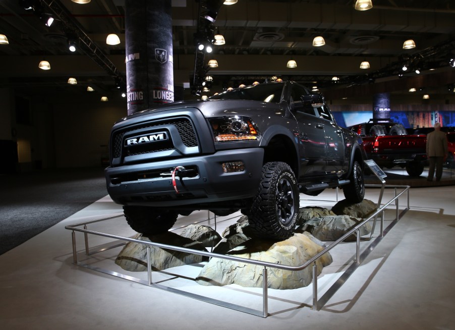 A 2017 Ram 1500 sits on a rock display at the New York International Auto Show