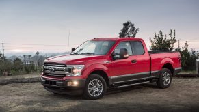 A red 2018 Ford F-150 Power Stroke Diesel parked on display