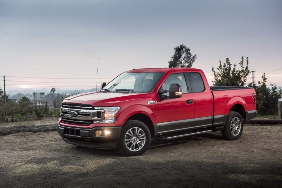 A red 2018 Ford F-150 Power Stroke Diesel parked on display