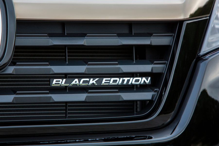 A close-up look at the "Black Edition" badge on the grille of the 2018 Honda Ridgeline