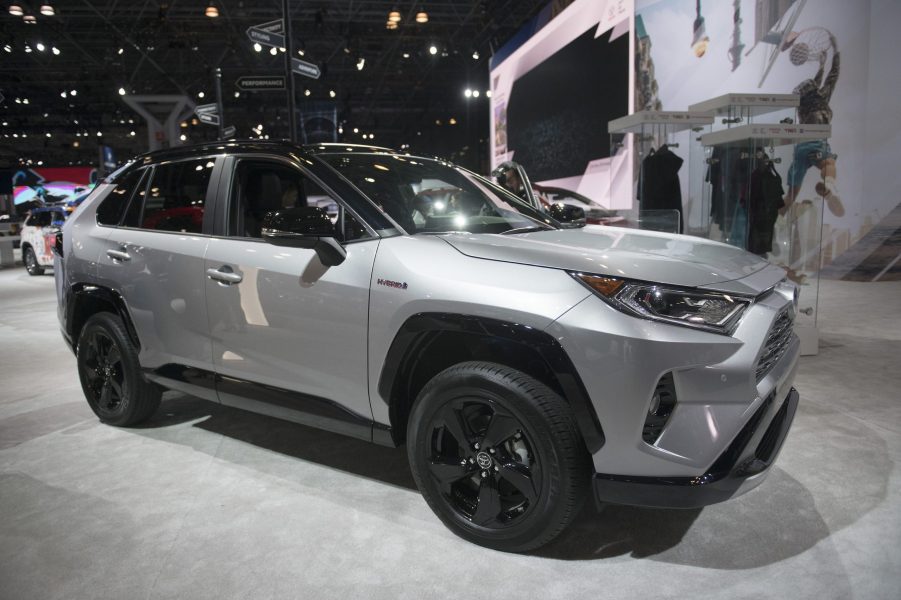 The Toyota Motor Corp. RAV4 XSE hybrid vehicle is displayed during the 2018 New York International Auto Show