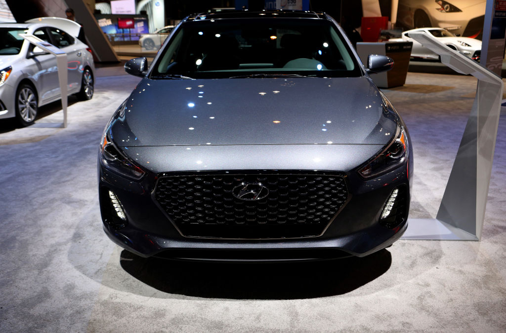 A charcoal grey 2019 Hyundai Elantra GT on display