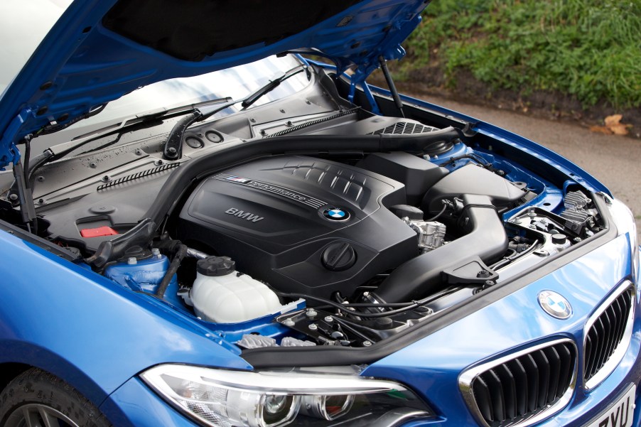 Under the hood of a blue 2021 BMW 2 Series Coupé