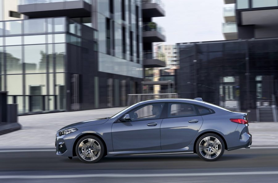 A grey 2021 BMW 2 Series Gran Coupe driving on a city street