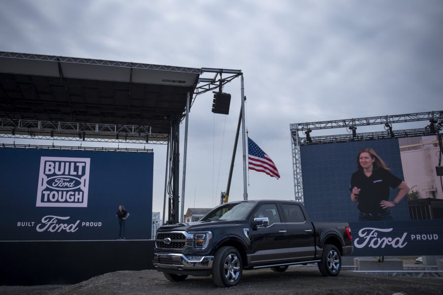 The 2021 Ford F-150 King Ranch Truck appears at the Ford Built for America event at Ford’s Dearborn Truck Plant