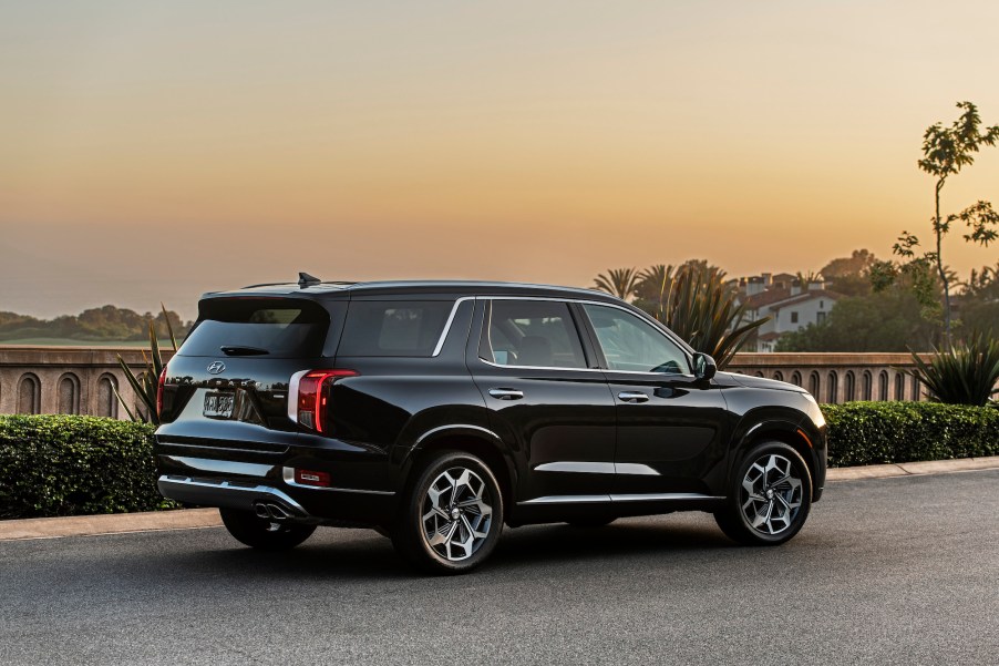 A black 2021 Hyundai Palisade three-row midsize SUV parked along a concrete rail overlooking hills and trees