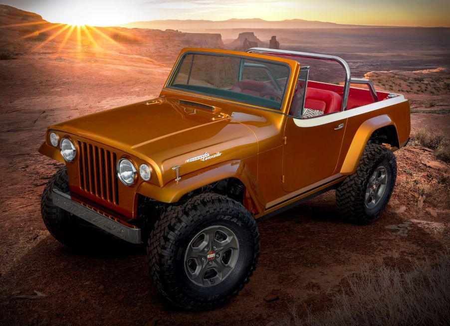 The orange 2021 Jeep Jeepster Beach concept in the desert mountains