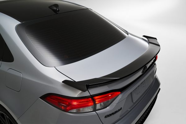 The rear spoiler of a 2021 Toyota Corolla Apex 