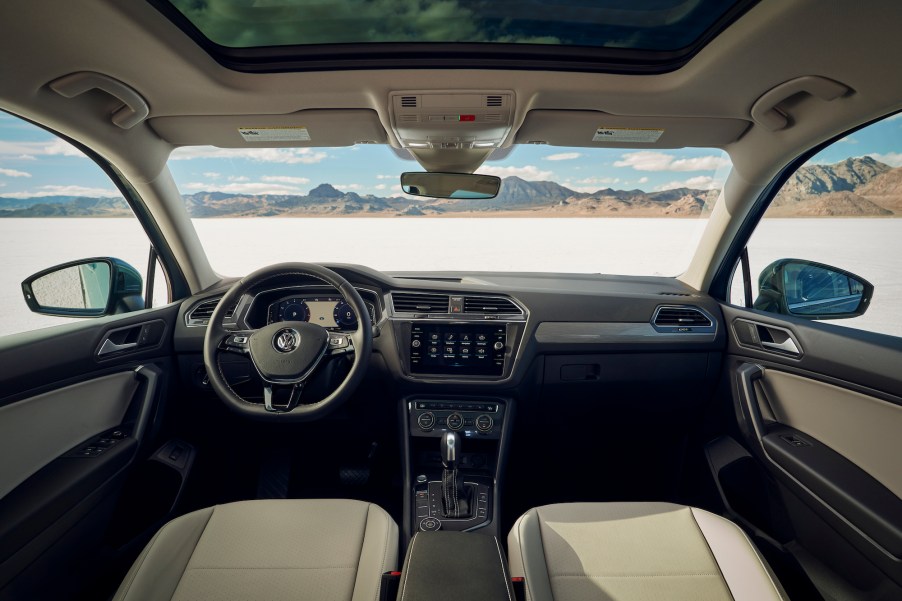 A 2021 Volkswagen Tiguan's gray-and-beige cockpit