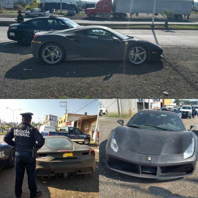 An image of a yellow Ferrari 488 on the side of the road painted black.